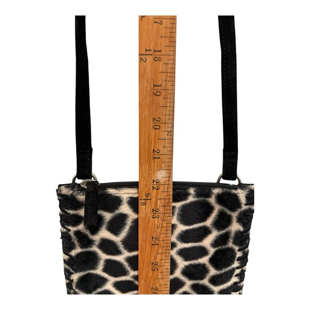 Fossil Crossbody Purse Black Suede Animal Print Fringe‎ Inside Zipper Pocket